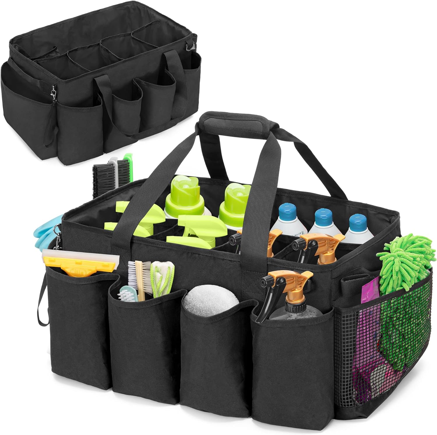 DIY car valet cleaning kit with various bottles, brushes, and cleaning tools in a black organizer.