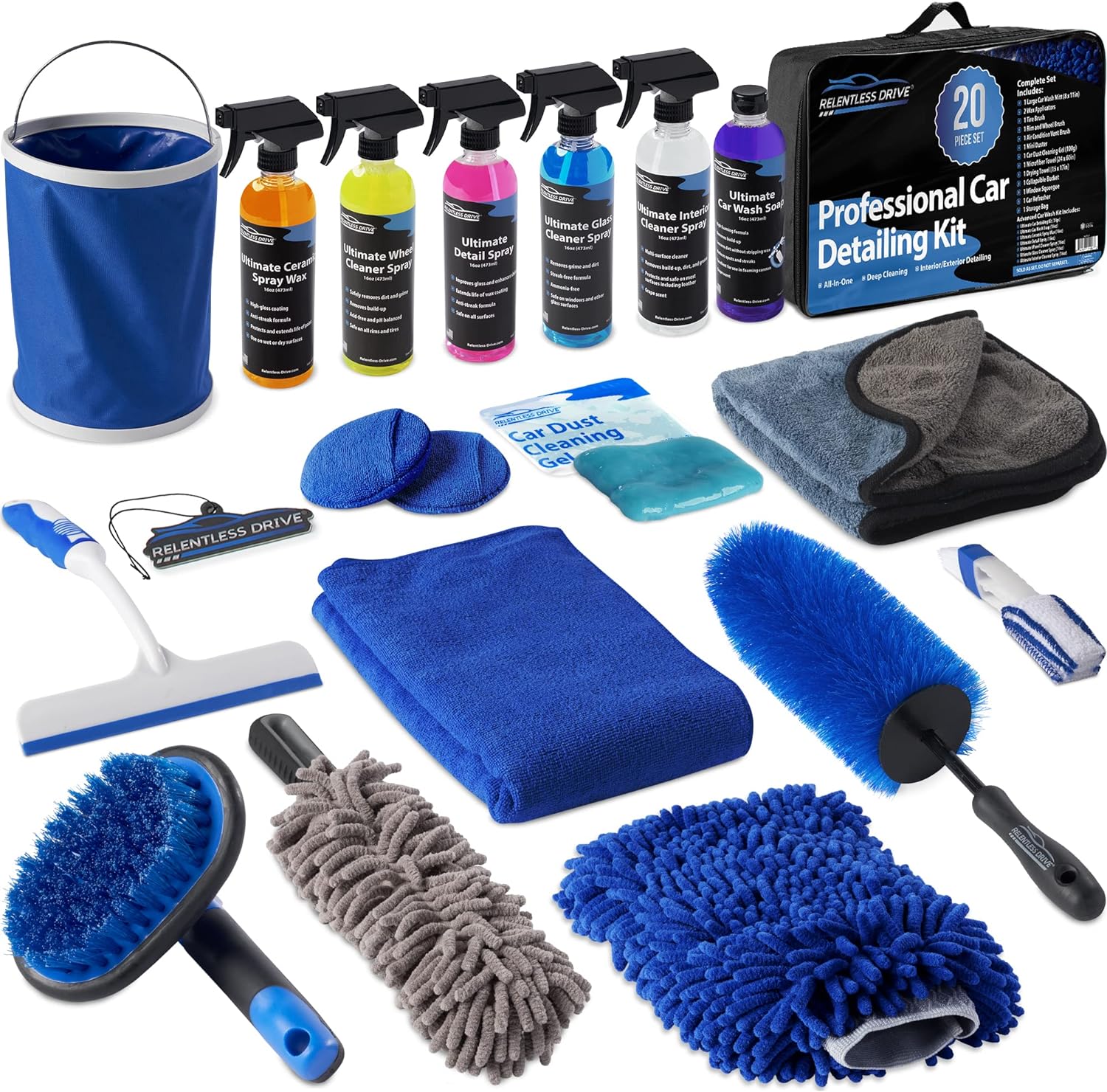 Professional car valeting kit with various brushes, cloths, and cleaning solutions for expert detailing.