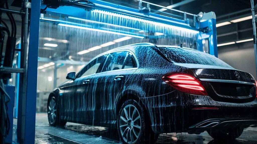 Luxury black car undergoing a high-tech automated car wash