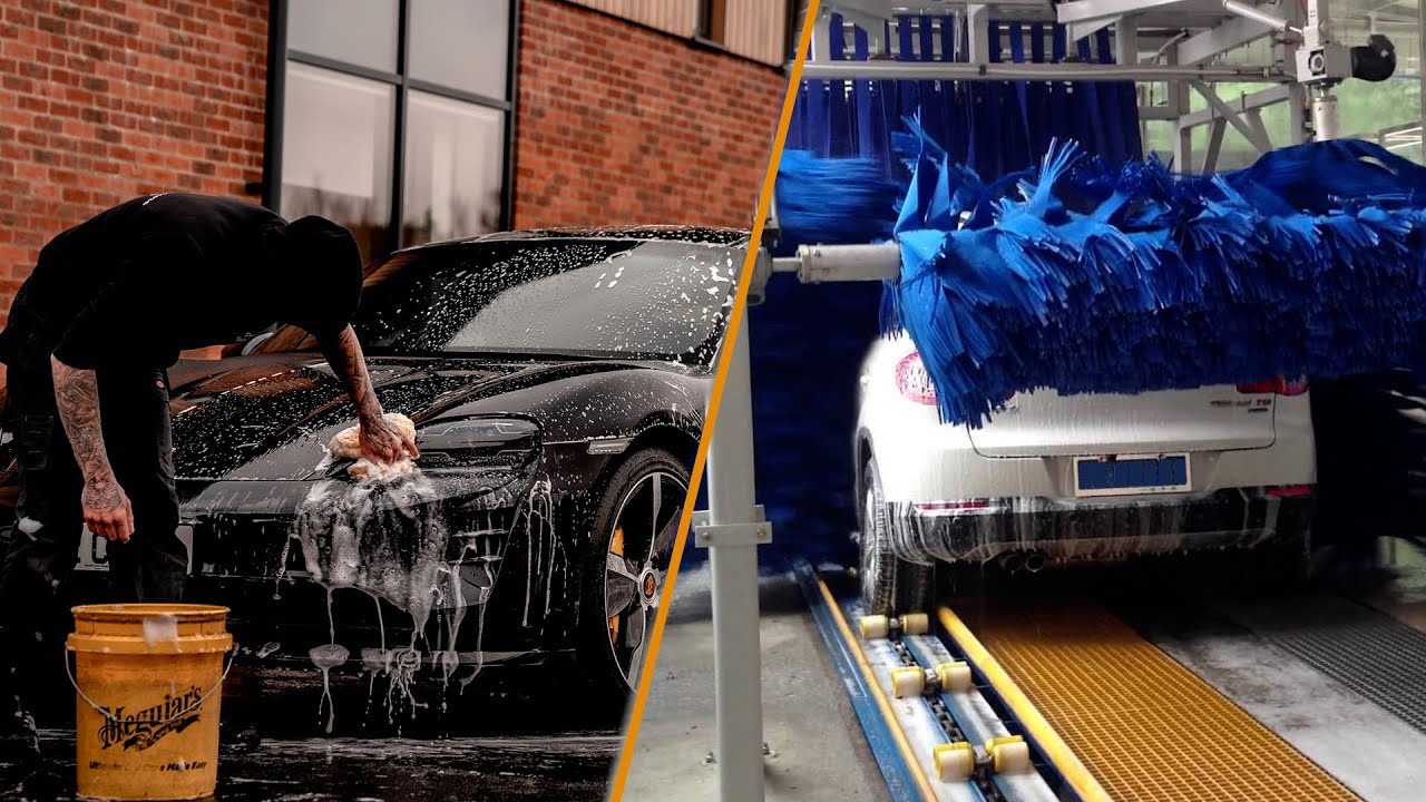 Comparison between a car wash and a hand wash with a person washing a black car by hand on the left and a white car going through an automated car wash on the right.