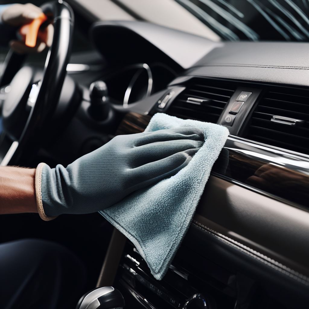 A gloved hand cleaning a car's interior dashboard with a microfiber cloth.