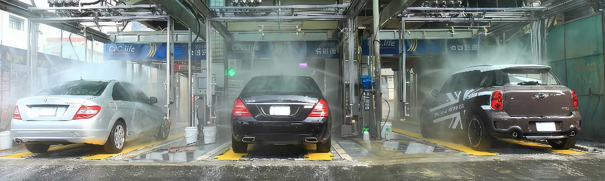 Three cars undergoing a wash at a petrol station car wash facility.