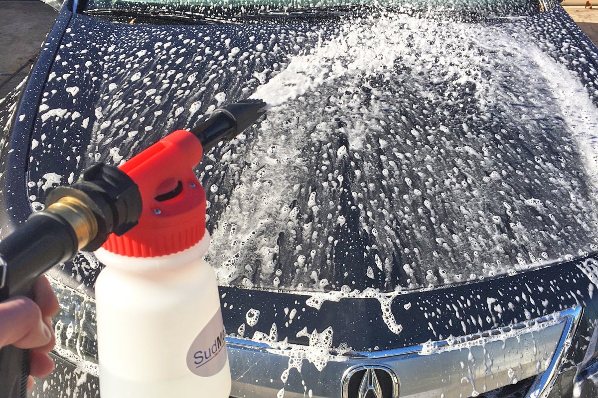 Using a foam cannon at a self-serve auto wash to achieve a professional-level clean