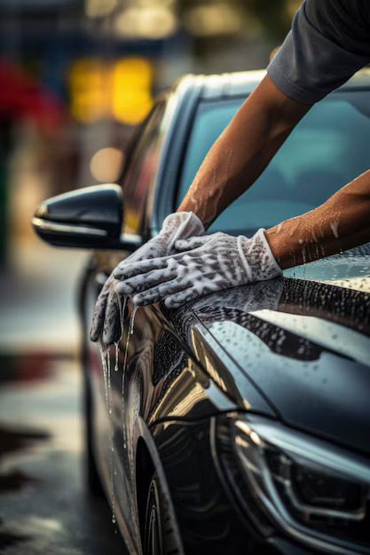 Person carefully washing a sleek black car with soapy gloves, highlighting the satisfaction and psychological benefits of car washing.