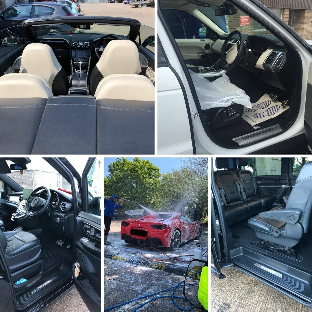 Collage of luxury cars being washed and detailed, highlighting the costs, time investment, and benefits of car washing for UK car owners.